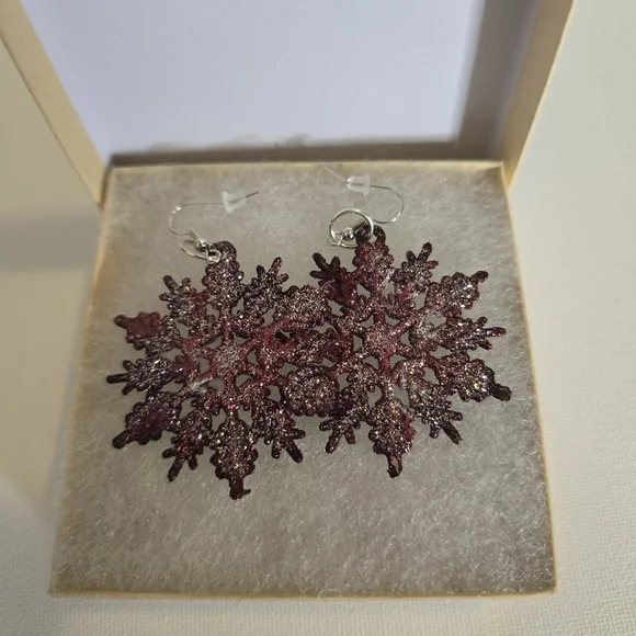 HANDCRAFTED Snowflake Earrings HANDPAINTED HANDMADE Shimmery Holiday Jewelry - Picture 11 of 11